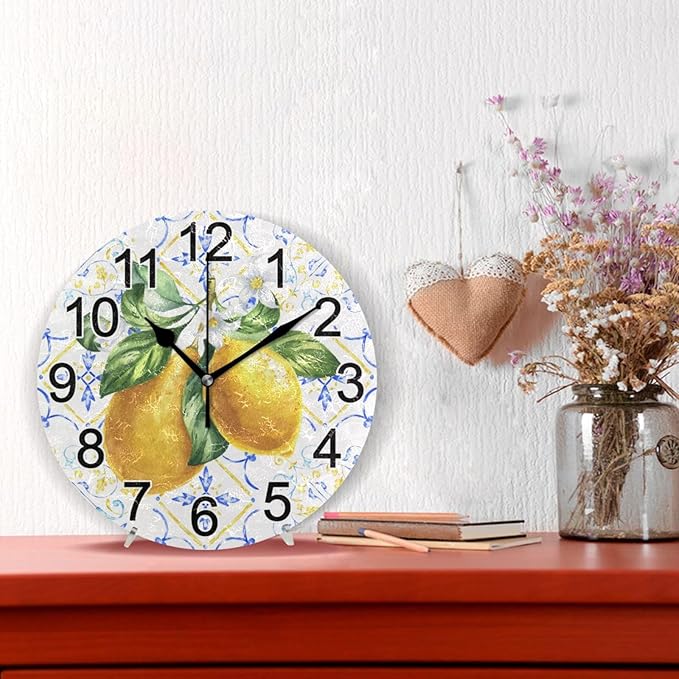 Mediterranean Lemons Tile Wall Clock Non Ticking Silent Kitchen Clock Large Battery Operated Clocks 10 inch for Living Room Bedroom Decor