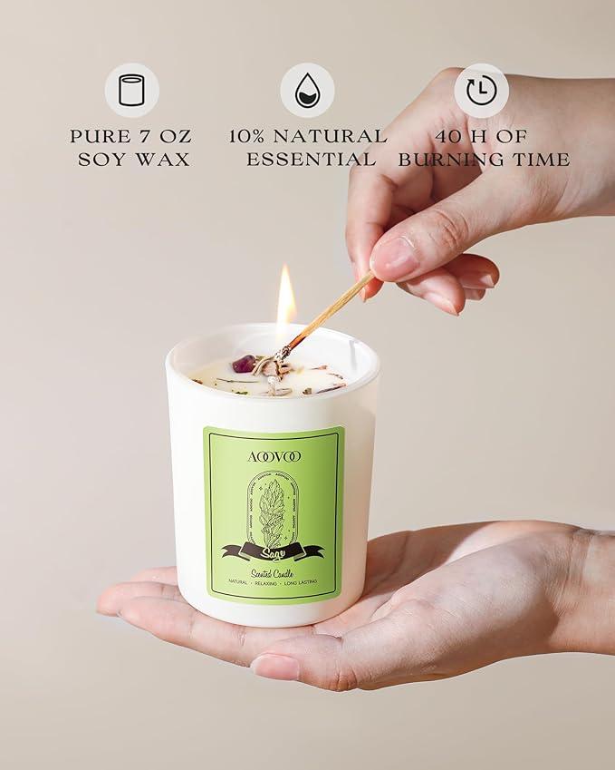 AOOVOO Sage Scented Candles for Women - Aromatherapy Candle with Crystals Inside, 7oz Soy Candles for Home Scented, Christmas Birthday Gifts Mothers Day Candle for Women Mom