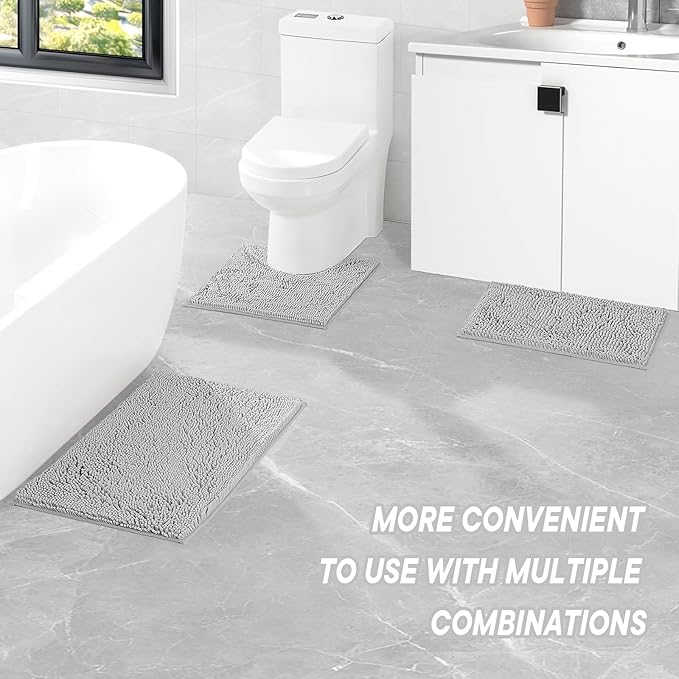 Light Gray Bathroom Rugs 2 Pieces Chenille Bath Rug Mat, Extra Thick and Soft Absorbent Bath Rugs, Machine Washable, Non-Slip Plush Bath Mats for Tub, Shower, (Light Gray, 32"x20"+24"x16")