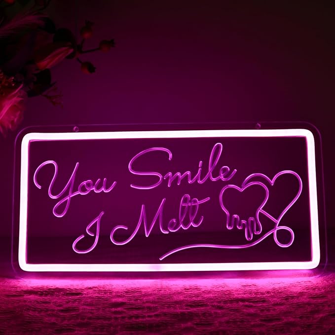 Neon Sign for Wall Decor, You Smile, I Melt Neon Signs, Pink Led Light Neon Signs with Dimmable Switch, USB Powered, Bedroom, Birthday, Living Room Decor, Girlfriend Gift