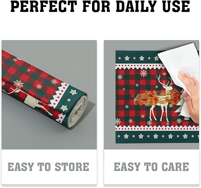 Christmas Elk Snowflakes Placemats Set of 4 for Dining Table,Xmas Reindeer Red Green Buffalo Plaid Washable Table Mats Placemats for Winter Kitchen Holiday Coffee Place Mat 18 x12 Inch