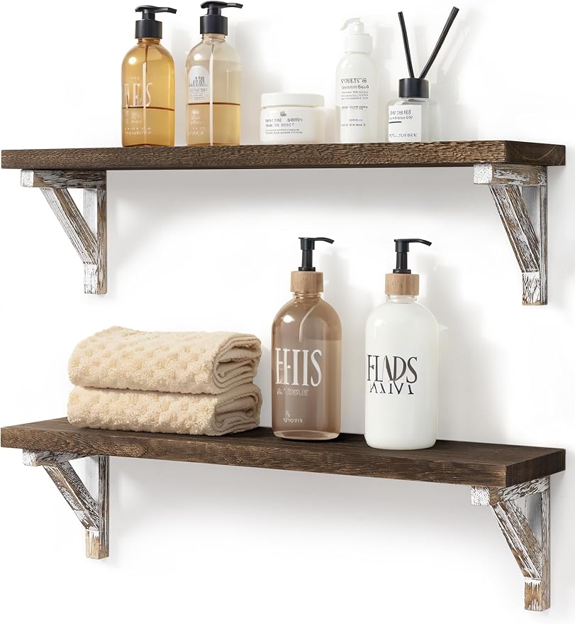 Gronda Floating Shelves for Wall 23 Inch Storage Shelf for Bathroom Kitchen Laundry Over Toilet Wooden Hanging Organizer Farmhouse Rustic Decor for Bedroom Living Room, Set of 2