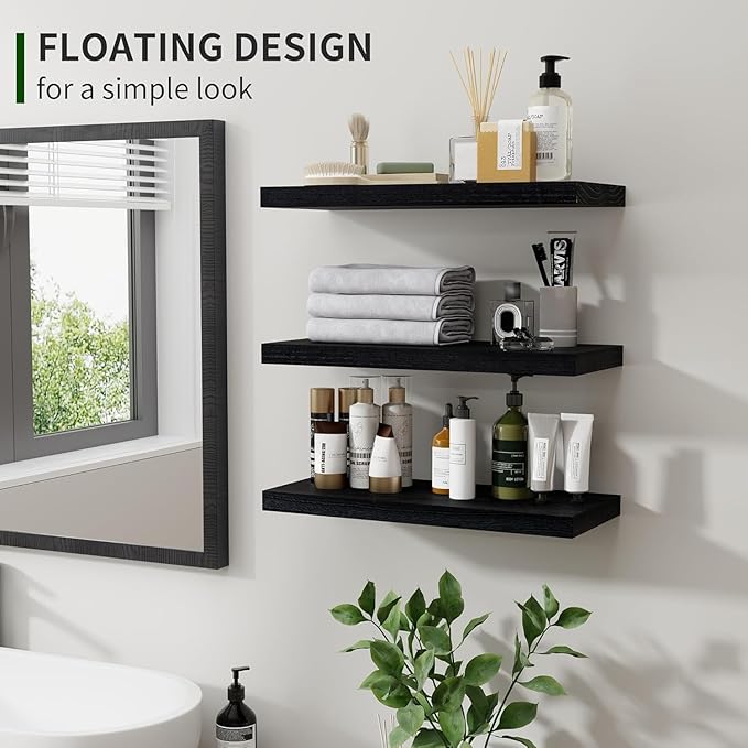 Marsmiles Wood Floating Shelves for Wall Set of 3, 17 Inch Wide Rustic Wooden Floating Shelves, Invisible Wall Mounted Display for Living Room Bedroom Kitchen Bathroom Office, Black