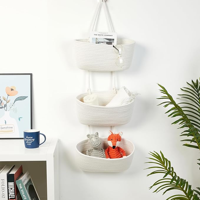 DULLEMELO Hanging Wall Baskets for Decor, 3-Tier Hanging Basket Organizer for Kitchen, White Woven Storage Basket with Door Hooks for Toy Storage