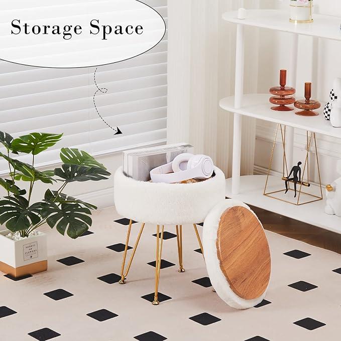 Cplxroc Footrest Footstools Round Faux Fur Ottoman with Storage Space Soft Vanity Chair Seat Coffee Table Ottoman Small Side Table Metal Legs with Adjustable Footings (Cream)