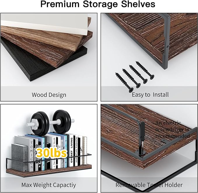 Shario Rustic Wood Floating Shelves - Set of 2, Wall Mounted Hanging Shelves with Black Towel Rack, Decorative Storage Shelves for Bathroom, Kitchen, Living Room & Bedroom (Dark Carbonized Brown)