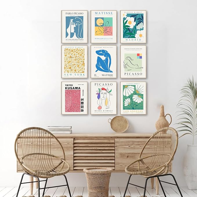 Eclectic Gallery Wall Art Set of 9, Abstract Matisse Poster Flower Market Prints, Minimalist Wall Decor Canvas Paintings, Trendy Aesthetic Room Decor for Bathroom, Bedroom, Living Room, Office(8"x10")