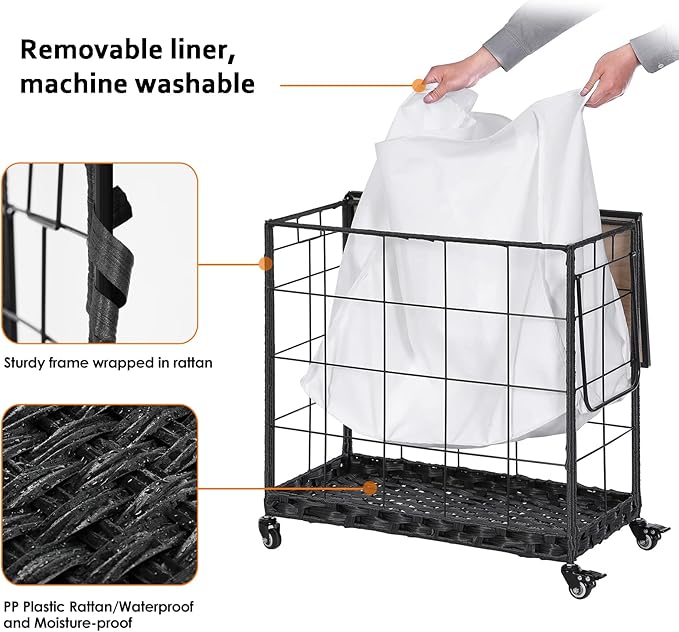 Laundry Hamper with Heavy Duty Caster Wheels; 3 Sections Clothes Hamper with Lid; 132L Laundry Basket with Removable Liner Bag; Laundry Sorter with Metal Handle (White)