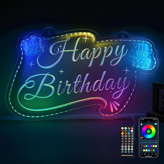 Happy Birthday LED Neon Sign for Backdrop Birthday Party Decoration, RGB Colorful Dimmable Light Up Signs, Art Decoration Happy Birthday Neon Sign for Wall Decor(RGB Color, 16x11 Inch)