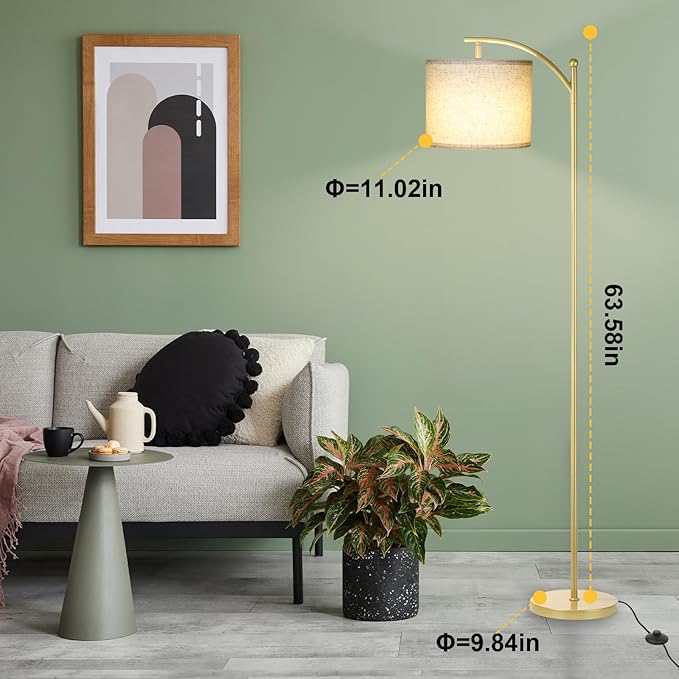 Floor Lamp for Living Room, Dimmable Standing Lamp Tall with Linen Shade Modern Floor Lamps Foot-Step Switch Reading Lamp for Living Room Bedroom Office Dining Room, 9W Bulb Included (Gold)