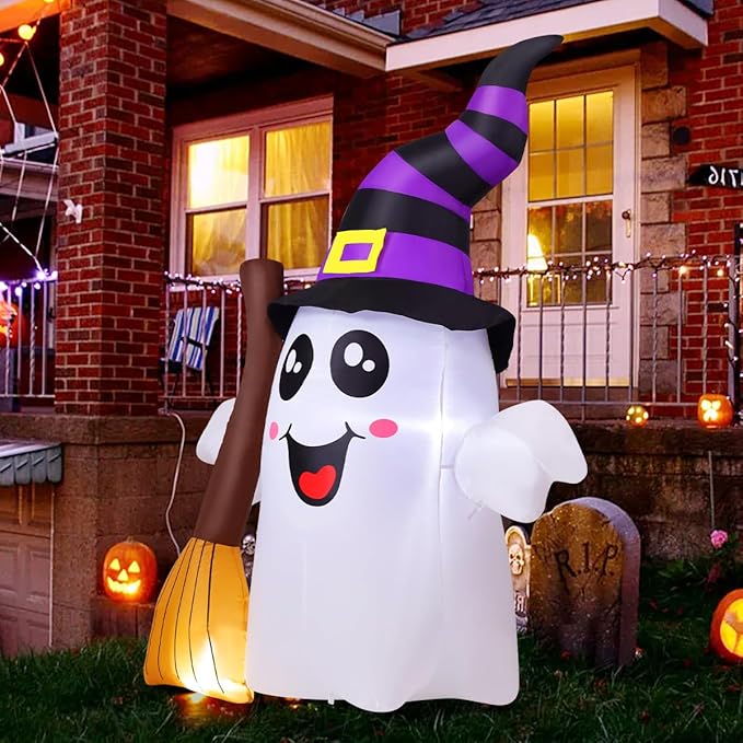 GOOSH 6.2 FT Halloween Inflatables Ghost Outdoor Decorations Blow Up Yard Cute Ghost Holding Broom with Built-in LEDs for Garden Lawn Indoor Party Decor