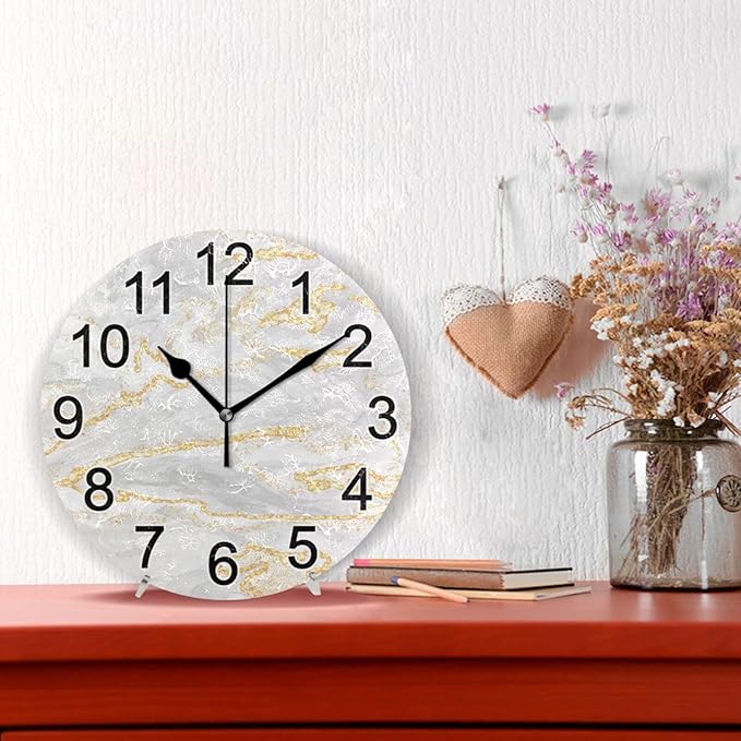 Gold White Marble Wall Clock Non Ticking Silent Kitchen Clock Large Battery Operated Clocks 10 inch for Living Room Bedroom Decor