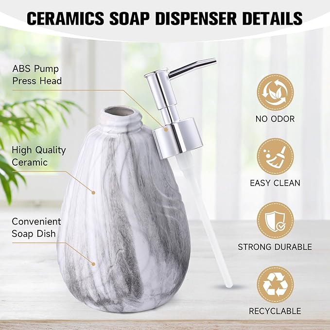 Ceramic Soap Dispenser and Soap Dish Set, Marbled Elegant Bathroom Decor with Non-Slip Base, Modern Hand Wash Bottle & Soap Tray for Bathroom Sink Countertop, Kitchen, Spa (White)