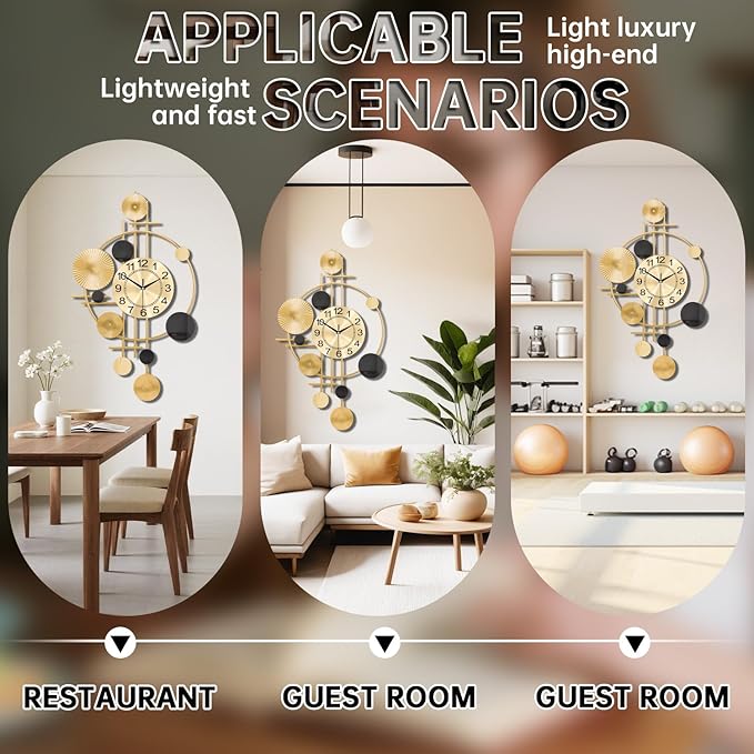 Large Wall Clocks for Living Room,Silent Non Ticking,Battery Operated Oversized Round Modern Wall Clock for Bedroom,Farmhouse,Office Wall Decor-17.7x29.97Inch(Golden)