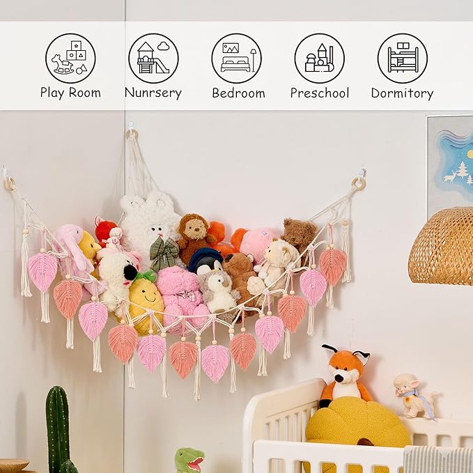 Pretty Jolly Macrame Leaf Wall Hanging Storage Hammock, 59" Boho Corner Organizer with Tassels, Stuffed Animal Plush Holder for Kids Room Nursery Decor (Leather Pink & Light Pink)