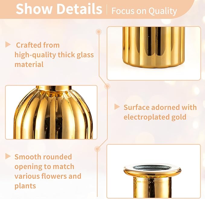 NUPTIO Bud Vases Glass Gold: 6 Pcs Small Vase Set in Bulk for Flowers - Mini Vintage Flower Bottle Single Assorted Vases for Wedding Table Centerpieces