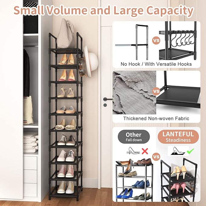Tall Narrow Shoe Rack for Entryway, 10-Tier Sturdy Metal Shoe Shelf Storage 10-15 Pairs of Shoes and Boots, Space Saving Corner Shoe Rack Organizer for Closet,Doorway,Garage,Living Room