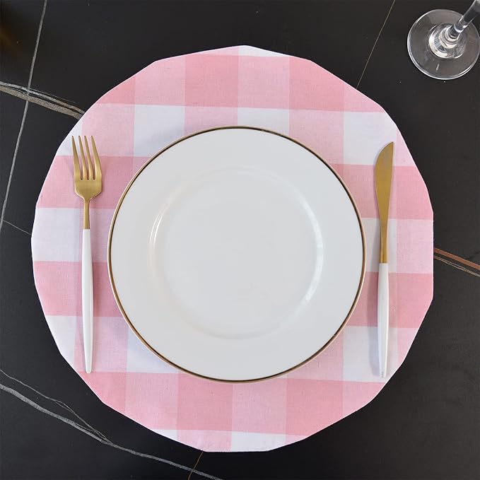 Pink & White Cotton Buffalo Check Plaid Round Placemat, Set of 4, 15 Inch eco-Friendly Fabric Handcrafted Machine Washable Indoor & Outdoor Tablemat