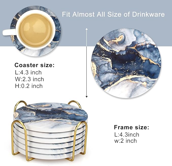 6 Pcs Navy Blue Marble Abstract Ceramic Coasters with Holder Best Absorbent Drink Coasters Round Ceramic Table Coasters Set Decorative Coffee Cup Beverage Coasters Wine Beer Bar Coasters