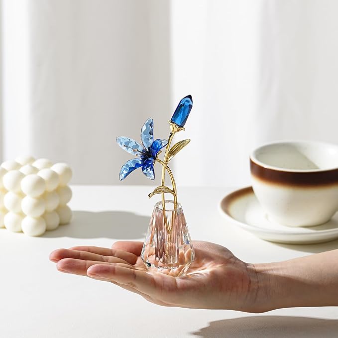 Crystal Lily Figurine, Glass Flowers with Stem,Flower Collectible Gifts for Woman, Wedding Party Decor(Blue)