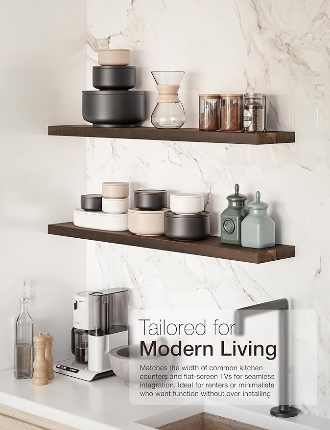 BATODA Set of 2 36" Acacia Floating Shelves for Wall – Rustic Farmhouse Floating Shelves - Wooden Wall Storage Shelf Home Décor - DIY Floating Book Shelves - with Brackets & Hardware (Walnut Color)