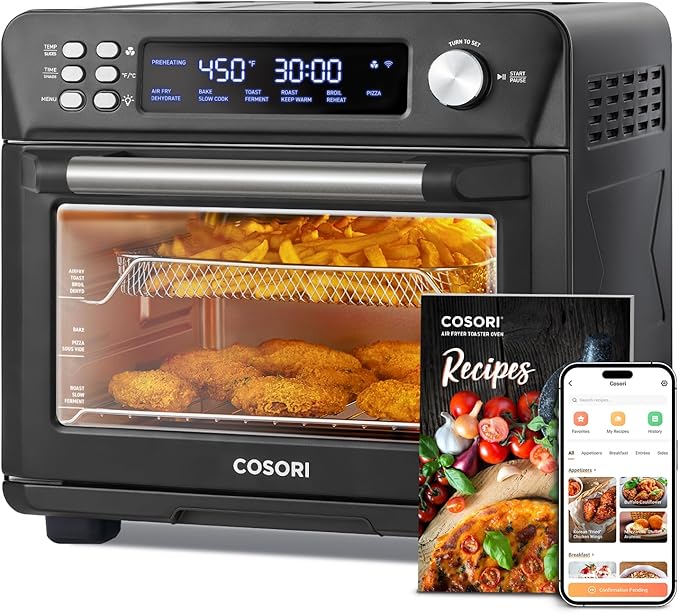 COSORI Smart 11-in-1 Air Fryer Toaster Oven Combo, Airfryer Convection Oven Countertop, Bake, Roast, Reheat, Broil, Dehydrate, 94 Recipes & 3 Accessories, 26QT, Black, Stainless Steel