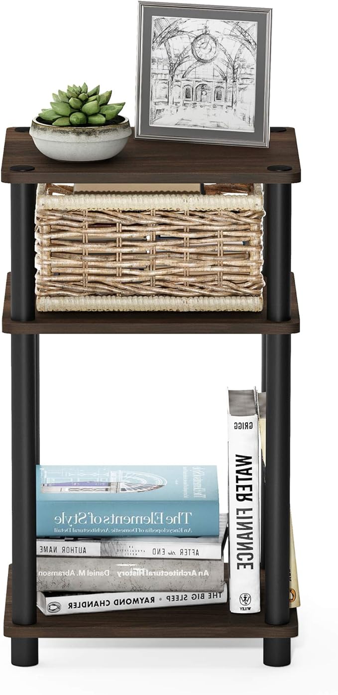 Furinno Just 3-Tier Turn-N-Tube End Table / Side Table / Night Stand / Bedside Table with Plastic Poles, 1-Pack, Columbia Walnut/Black