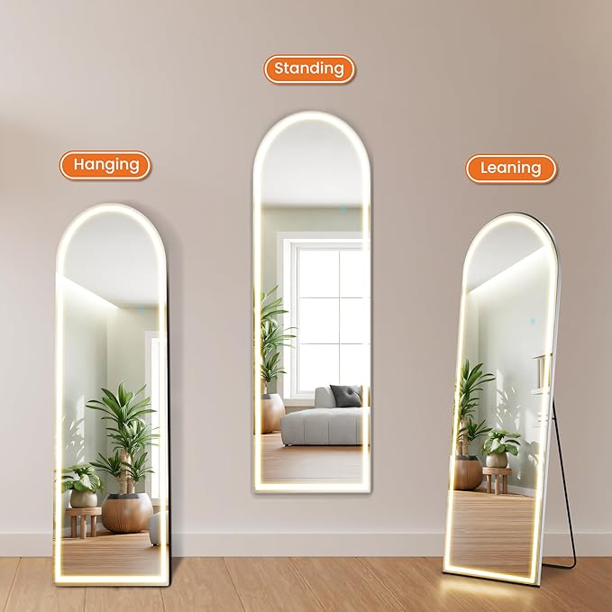 Sweetcrispy Full Length Mirror with LED Lights, 60"x16" Lighted Floor Mirror with Dimming & 3 Color Lighting, Stand for Bedroom, Dressing Room, Arched