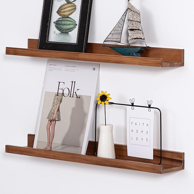 MBYD Floating Wall Shelves Wood Photo Picture Ledge Shelf, 24 Inch Light Walnut Nursery Kids Bookshelf 3 Same Sizes, Kitchen Spice Rack Bathroom Storage Shelves, Wall Mounted Shelves for Bedroom
