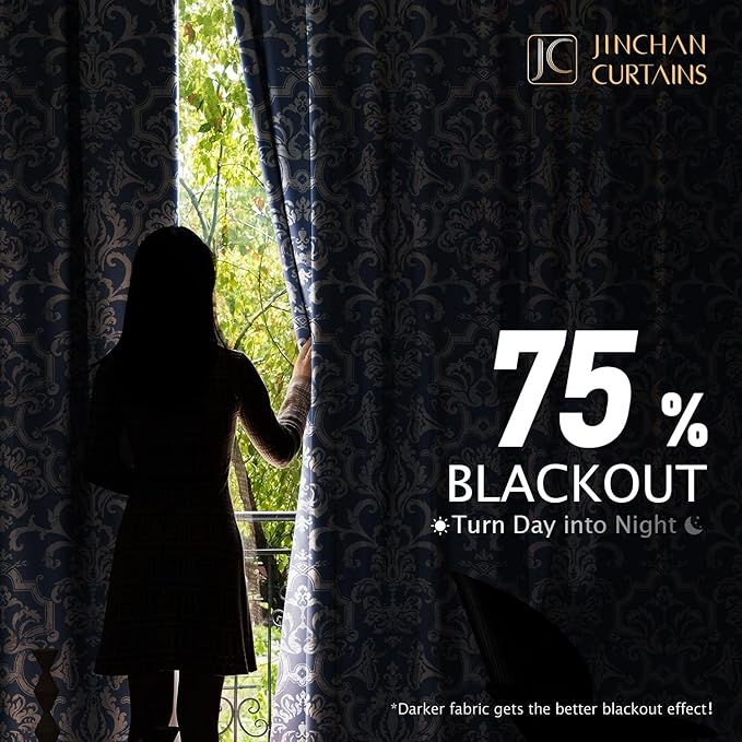 jinchan Blackout Curtains for Bedroom Blue Damask Patterned Curtains 84 Inch Length for Living Room Linen Vintage Drapes Medallion Window Treatments Grommet Top 2 Panels Set