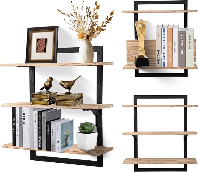 24-Inch Floating Shelves for Wall,3-Tier Wooden Wall Mounted Kitchen Shelves with Foldable Brackets,Hanging Wall Shelves for Living Room, Coffee Bar,Bedroom, Bathroom,Rustic Brown