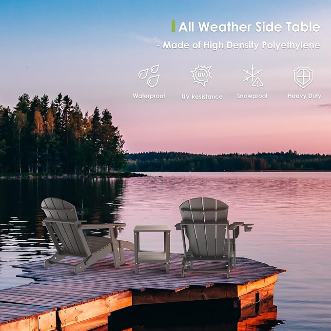 GREENVINES Adirondack-Outdoor-Side-Table | Set of 2 | 14 x 13 Inches | HDPE Plastic | All Weather | Grey | Outside End Tables | Storage Shelf | for Patio Porch Backyard Indoor