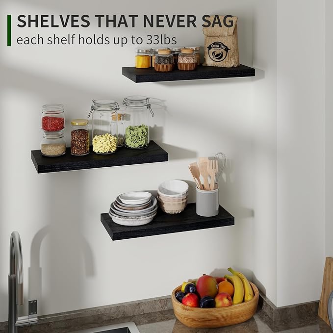Marsmiles Wood Floating Shelves for Wall Set of 3, 17 Inch Wide Rustic Wooden Floating Shelves, Invisible Wall Mounted Display for Living Room Bedroom Kitchen Bathroom Office, Black