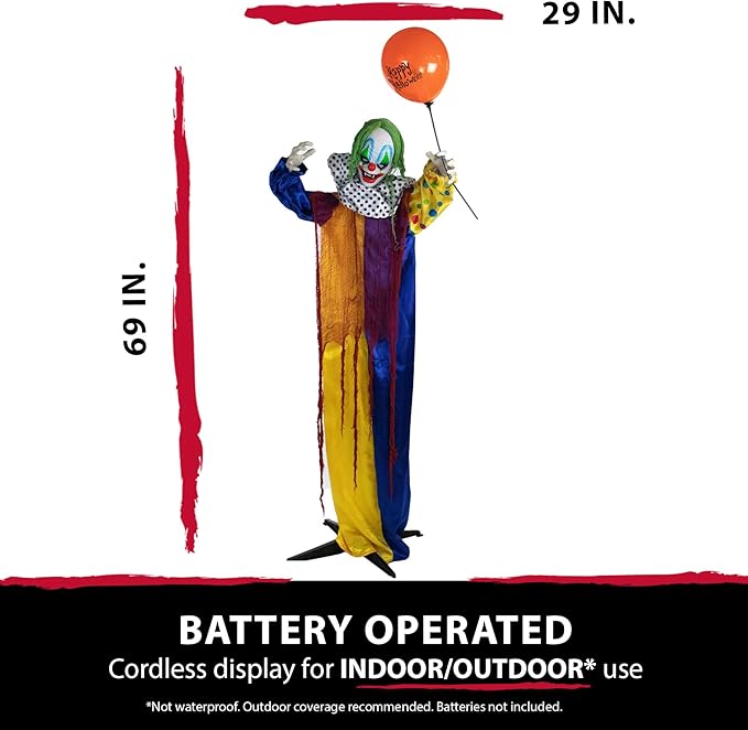 Haunted Hill Farm Life-Size Scary Talking Clown Halloween Animatronic with Motion and Touch Activated Lights and Sounds, Battery Operated Indoor or Covered Outdoor Creepy Halloween Decorations