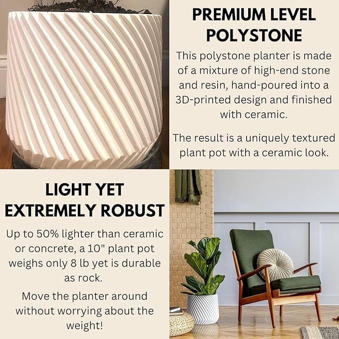 Fox & Fern 10 Inch Plant Pot with Drainage Plug — Premium Polystone White Plant Pot; Modern Planter with 3D Texture and Ceramic Finish; 10 Inch Pots for Plants Indoor & Outdoor