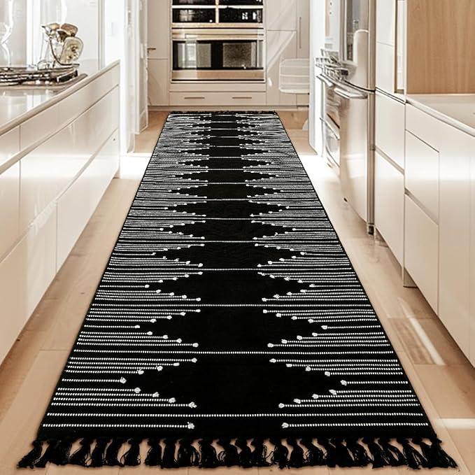 Tritard Boho Hallway Runner Rug 2x12 - Washable Area Rug Farmhouse Aztec Cotton Long Thin Rugs with Tassels Kitchen Bathroom Lightweight Woven Low Pile Carpet for Entryway, Bedroom, Black and White