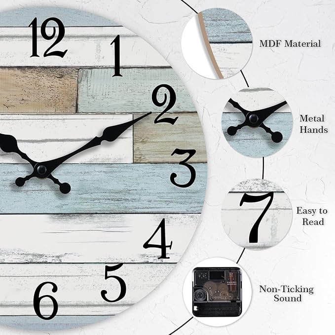 Wall Clock Battery Operated 16 Inch Large Silent Non Ticking Coastal Design Country Rustic Retro Decorative for Bathroom Kitchen Living Room Bedroom