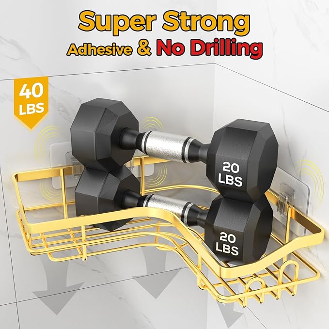 Gold Corner Adhesive Shower Caddy,Rustproof Stainless Steel Corner Shower Shelves for Bathroom Kitchen, No Drilling Wall Mounted Shower Rack for Inside Shower, 3 Pack