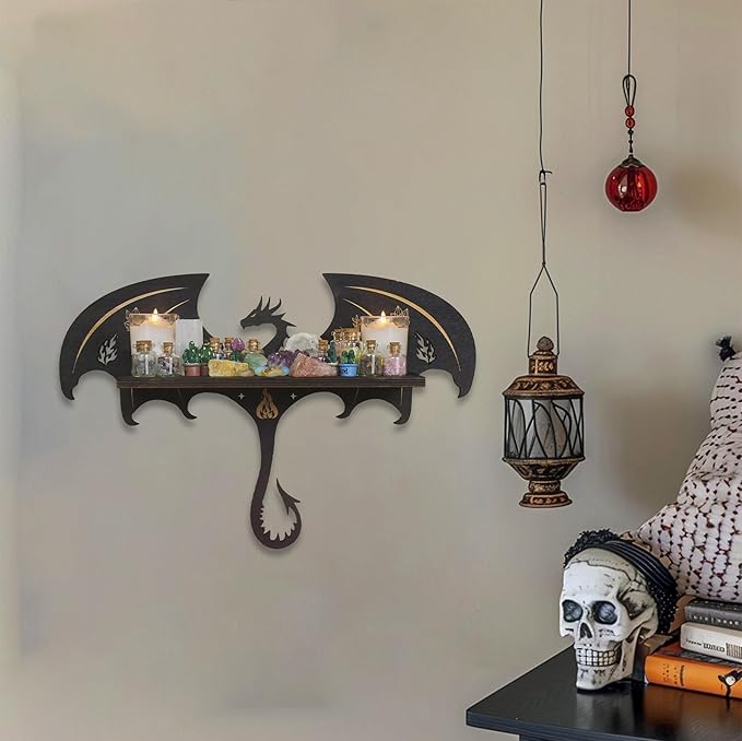Gothic Evil Dragon Decor Crystal Display Shelf for Wall, Wooden Witchy Shelf Rock Display Case Knick Knack Organizer Trinket Holder, Wall Hanging Shelves for Essential Oil & Nail Polish