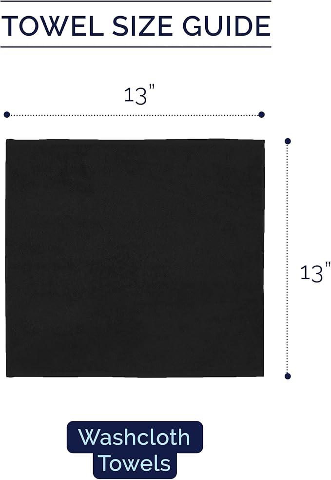 Elegant Comfort Premium Turkish Cotton 6 Pack Washcloths Set - 13 x 13 inch, Luxurious Hotel Spa Quality 100% Turkish Cotton 6PC Washcloth Set - Highly Absorbent - Soft Bathroom Towels, Black