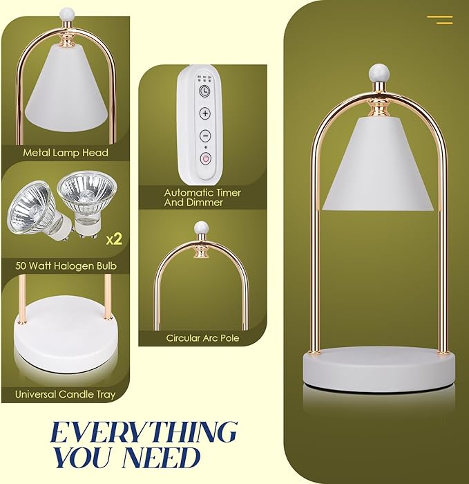 Soilsiu Candle Warmer Lamp With Timer, Electric White Light for Bedroom, Dimmable Wax Melts Warmer for Jars, Beside Lamp Gifts for Women Home Decor (2 Bulbs Included)