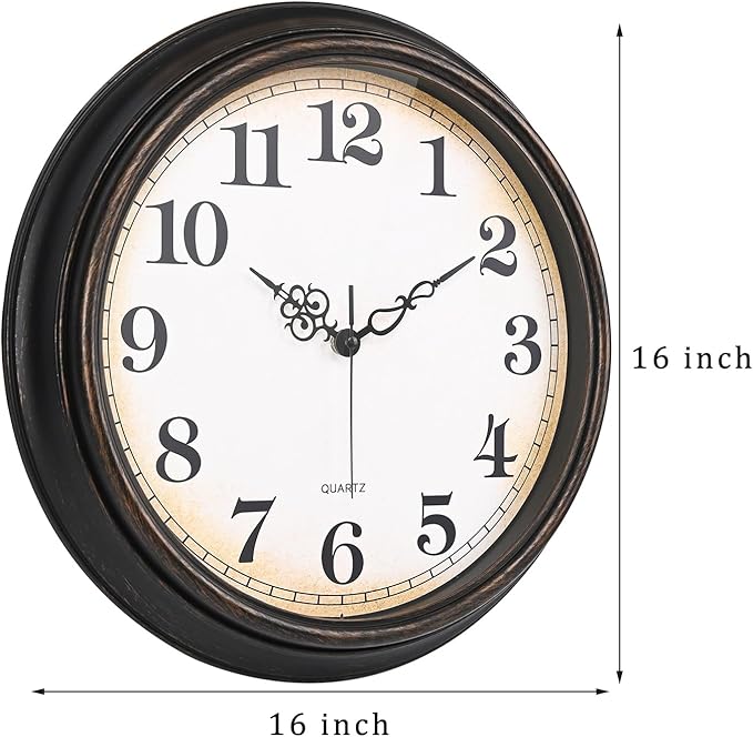 Large Wall Clock 16 Inch Silent Non-Ticking Vintage Wall Clocks Battery Operated for Living Room Kitchen Bedroom (Bronze)