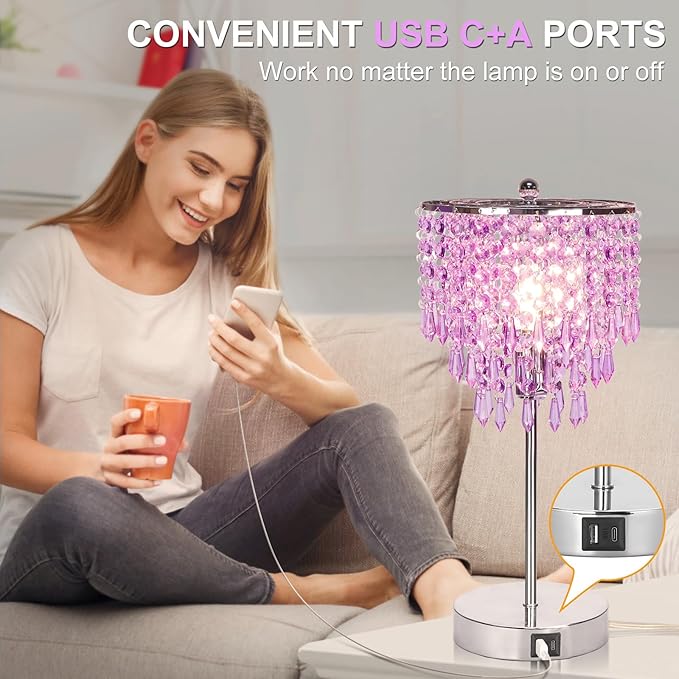 USB Bedside Crystal Lamp, 3 Way Dimmable Touch Nightstand Lamp with Dual USB Charging Ports, Lavender Table Lamp Decorative Accent Lamp Silver for Bedroom, Living Room, Office, B11 LED Bulb Included