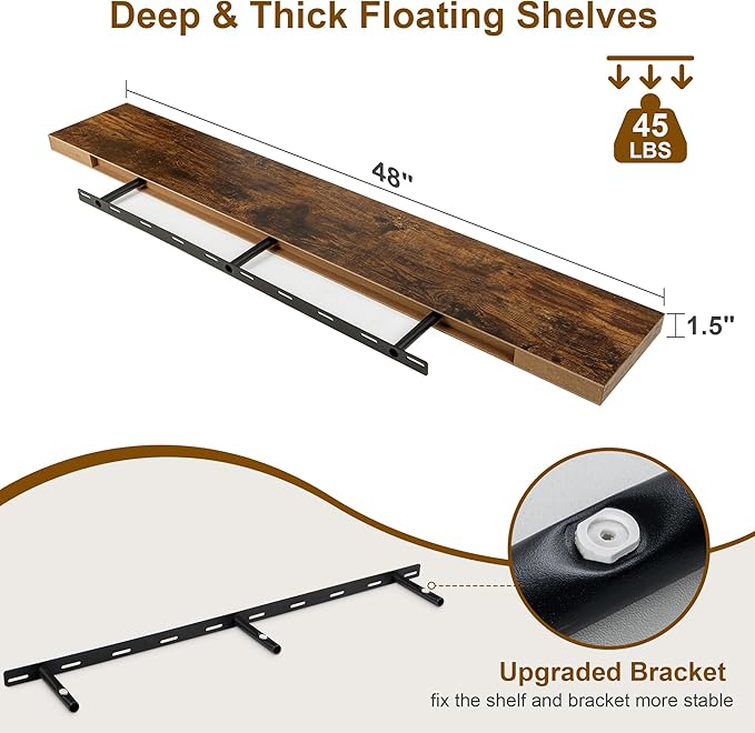 Fun Memories Floating Shelves for Wall, 48Inch Floating Shelves Set of 2, Hanging Shelf with Invisible Brackets, Wood Shelves for Living Room, Bedroom, Kitchen, Brown