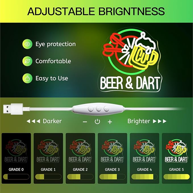 Beer & Dart Neon Sign – Fun Bar Wall Light with Dartboard and Beer Mug Design – 13"x12.6" LED Decor for Game Room, Pub, or Man Cave, USB Powered, 5V/2A,Dimmable
