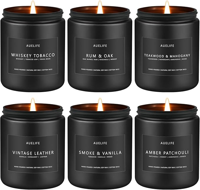 Scented Candles Set | Gifts for Father's Day - 6Pack Masculine Soy Candle for Men, Home Scented, Aromatherapy Gift for Dad- Fragrance of Smoke Vanilla/Leather/Mahogany/Tobacco/Oak/Amber