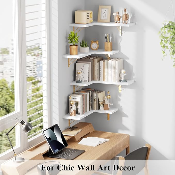 Love-KANKEI Corner Shelf Wall Mounted,Floating Wall Shelves for Storage,Rustic Wood Hanging Shelves for Display,Bedroom Bathroom Living Room Kitchen,Set of 4,White