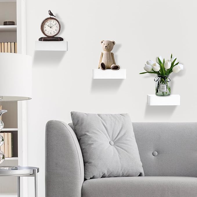Small Floating Shelf,Set of 3 Display Ledges for Wall,Mini Shelves,Rustic Wood Shelf for Bedroom Living Room Bathroom Kitchen (6 Inch, Rustic White)