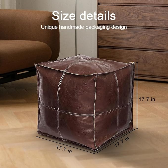 Unstuffed Pouf Ottoman Cover, Handmade Faux PU Leather Moroccan Pouffe Ottomans, Coffee 17.7" Cube Ottoman Foot Rest for Living Room, Floor Chair for Christmas Decorations Gift, ONLY COVER