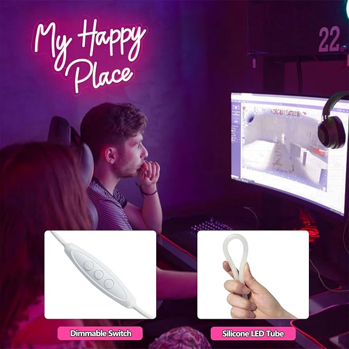 My Happy Place Neon Sign, Dimmable Pink LED Neon Light for Wall Decor, USB Powered My Happy Place Signs, Words Neon Lights for Girls Bedroom Birthday Party Wedding Christmas Halloween Aesthetic